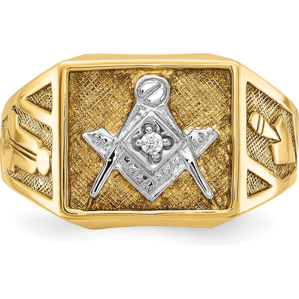 14K Yellow Gold Men's Polished and Textured Masonic Ring with Round Diamond - 0.02 Carats Total Diamond Weight by IBGoodman