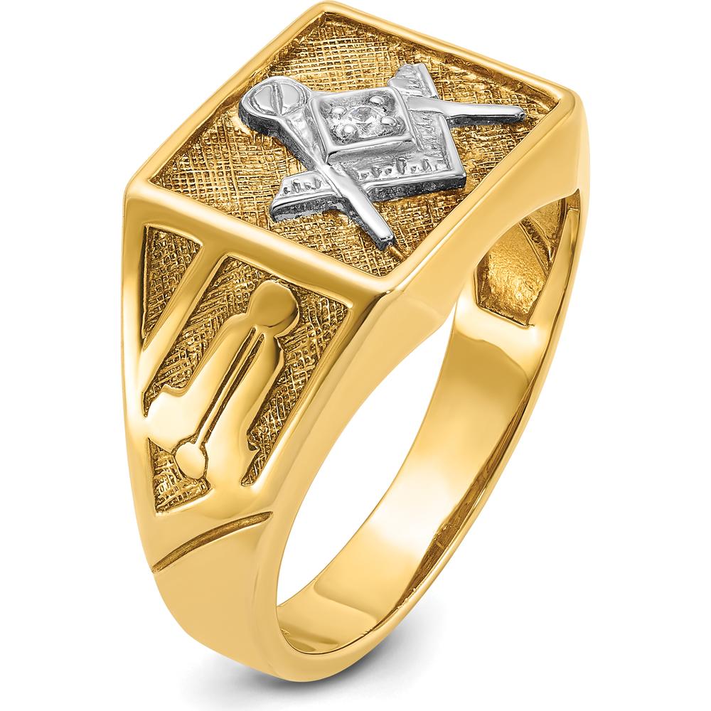 14K Yellow Gold Men's Polished and Textured Masonic Ring with Round Diamond - 0.02 Carats Total Diamond Weight by IBGoodman