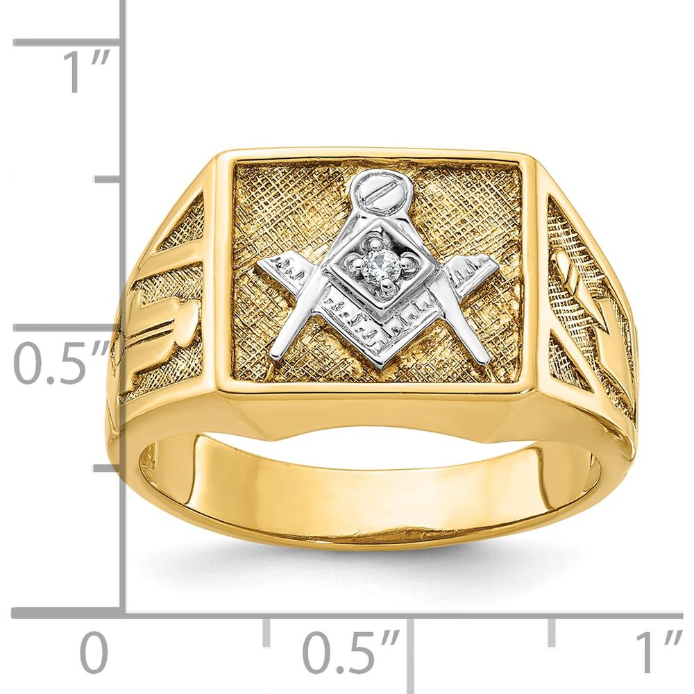 14K Yellow Gold Men's Polished and Textured Masonic Ring with Round Diamond - 0.02 Carats Total Diamond Weight by IBGoodman