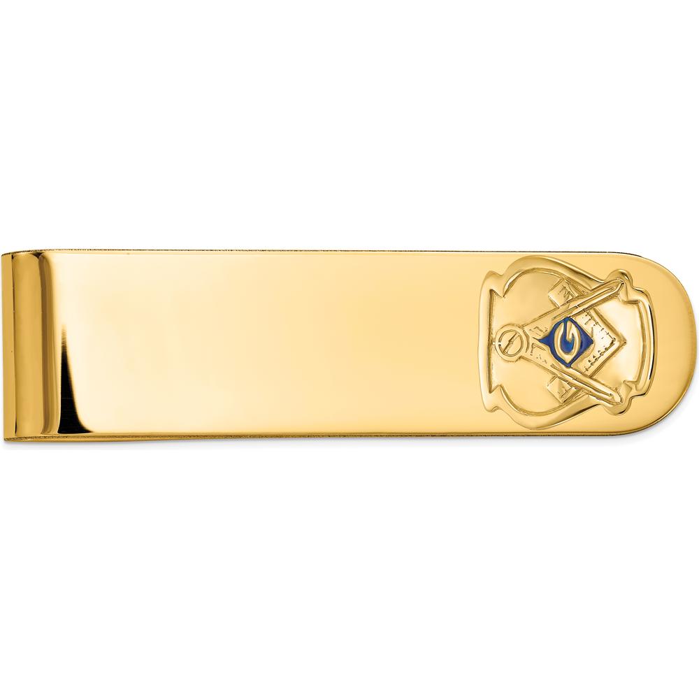14K Yellow Gold Men's Polished and Textured Masonic Small Money Clip with Blue Enamel by IBGoodman