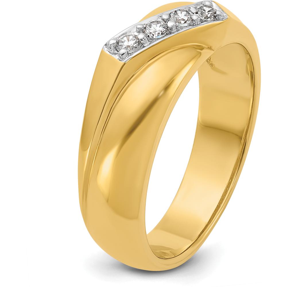 14K Yellow Gold Men's Polished Curved Bypass Ring with 4 Round Diamonds - 0.05 Carats Total Diamond Weight by IBGoodman