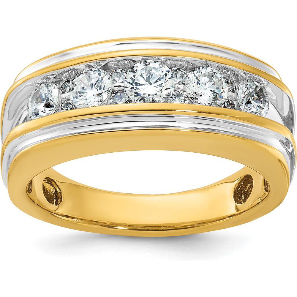 14K Yellow Gold Men's Polished Grooved Diamond Ring with 1 Carat Round Diamond by IBGoodman