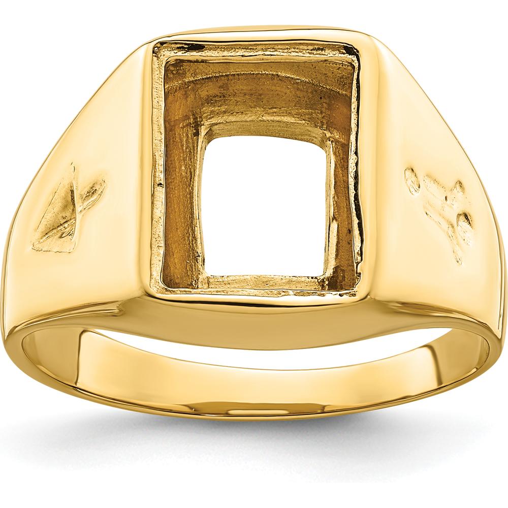 14K Yellow Gold Men's Polished Grooved Masonic Ring Mounting for 12x10mm Rectangular Stone by IBGoodman