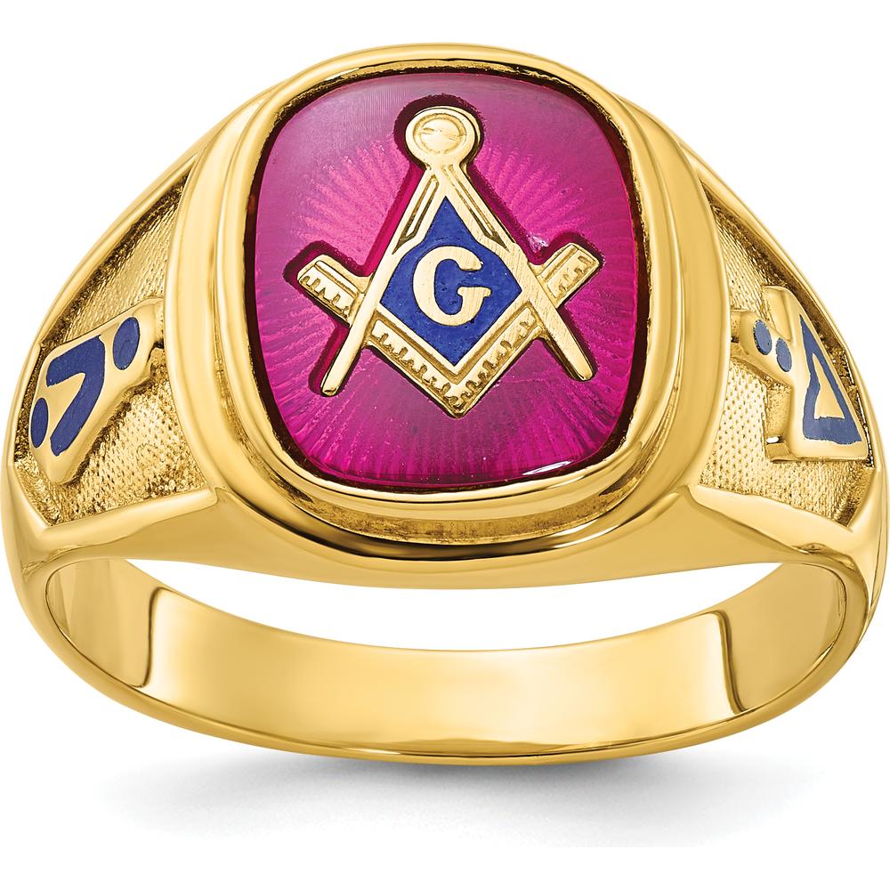 14K Yellow Gold Men's Polished Masonic Band Ring with Cushion Cut Lab Created Ruby - 12x10mm by IBGoodman