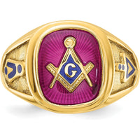 14K Yellow Gold Men's Polished Masonic Band Ring with Cushion Cut Lab Created Ruby - 12x10mm by IBGoodman