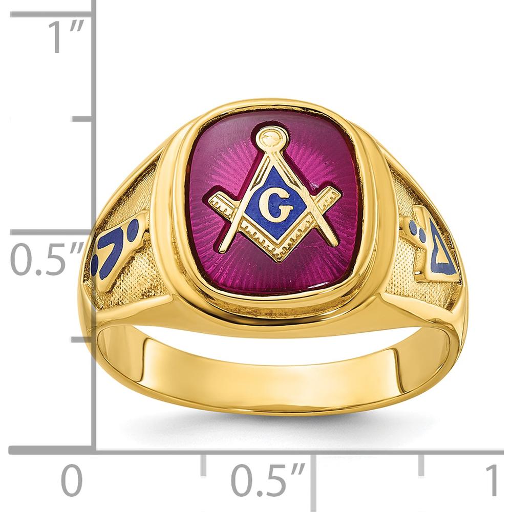 14K Yellow Gold Men's Polished Masonic Band Ring with Cushion Cut Lab Created Ruby - 12x10mm by IBGoodman