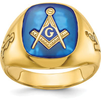 14K Yellow Gold Men's Polished Masonic Ring with Lab Created Blue Sapphire - 1.68 Carat Total Gem Weight