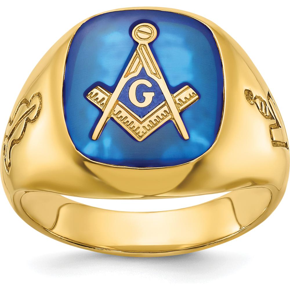 14K Yellow Gold Men's Polished Masonic Ring with Lab Created Blue Sapphire - 1.68 Carat Total Gem Weight