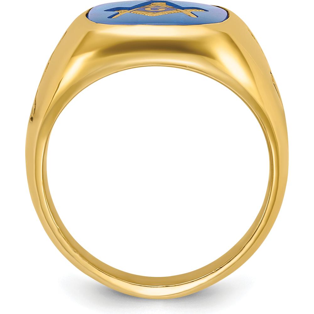 14K Yellow Gold Men's Polished Masonic Ring with Lab Created Blue Sapphire - 1.68 Carat Total Gem Weight