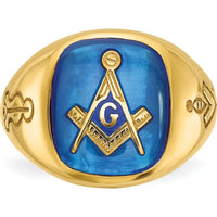 14K Yellow Gold Men's Polished Masonic Ring with Lab Created Blue Sapphire - 1.68 Carat Total Gem Weight