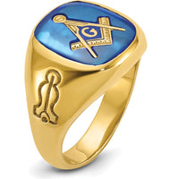 14K Yellow Gold Men's Polished Masonic Ring with Lab Created Blue Sapphire - 1.68 Carat Total Gem Weight