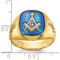 14K Yellow Gold Men's Polished Masonic Ring with Lab Created Blue Sapphire - 1.68 Carat Total Gem Weight