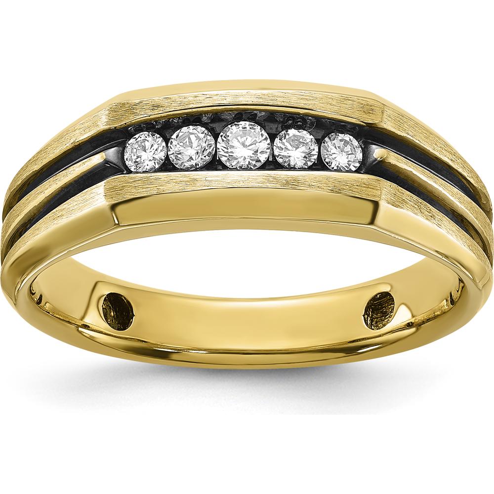 14K Yellow Gold Men's Polished Satin and Grooved 5-Stone Diamond Ring - 1/4 Carat Total Diamond Weight by IBGoodman