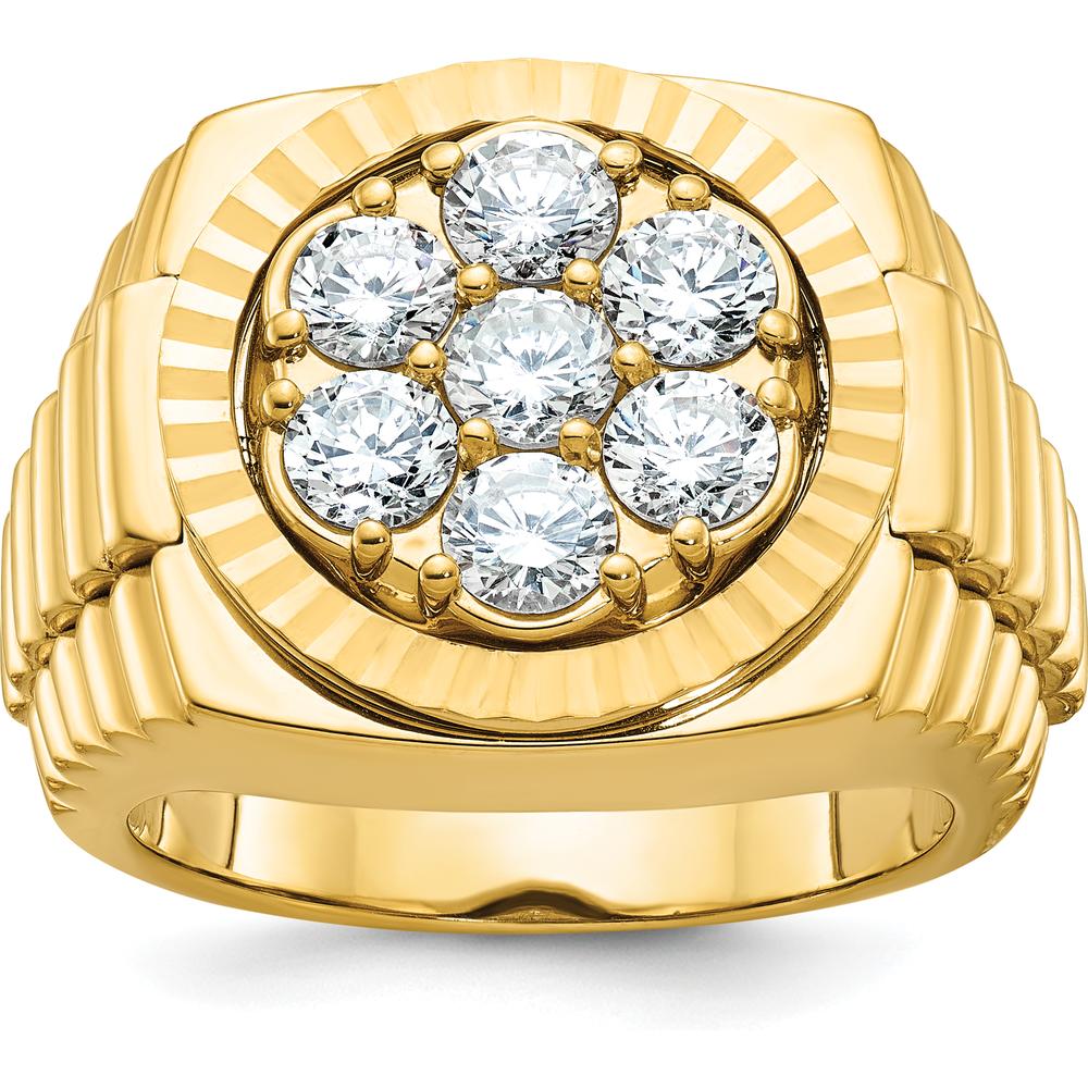14K Yellow Gold Men's Polished Satin Diamond-Cut Round Cluster Ring with 7 Round Diamonds by IBGoodman