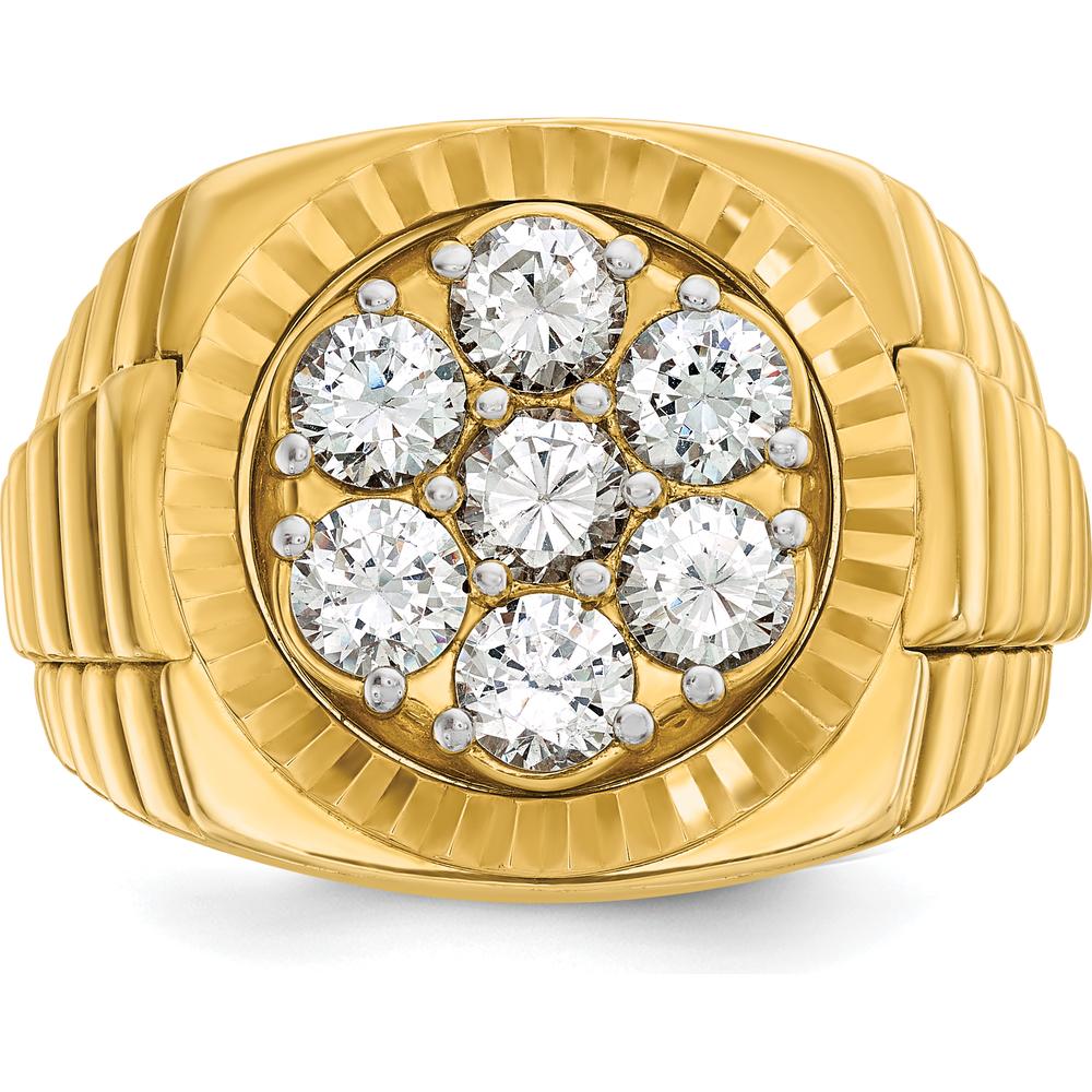 14K Yellow Gold Men's Polished Satin Diamond-Cut Round Cluster Ring with 7 Round Diamonds by IBGoodman