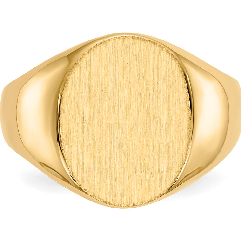 14K Yellow Gold Men's Polished Satin Signet Ring - Engravable, 16mm Top Length by 0
