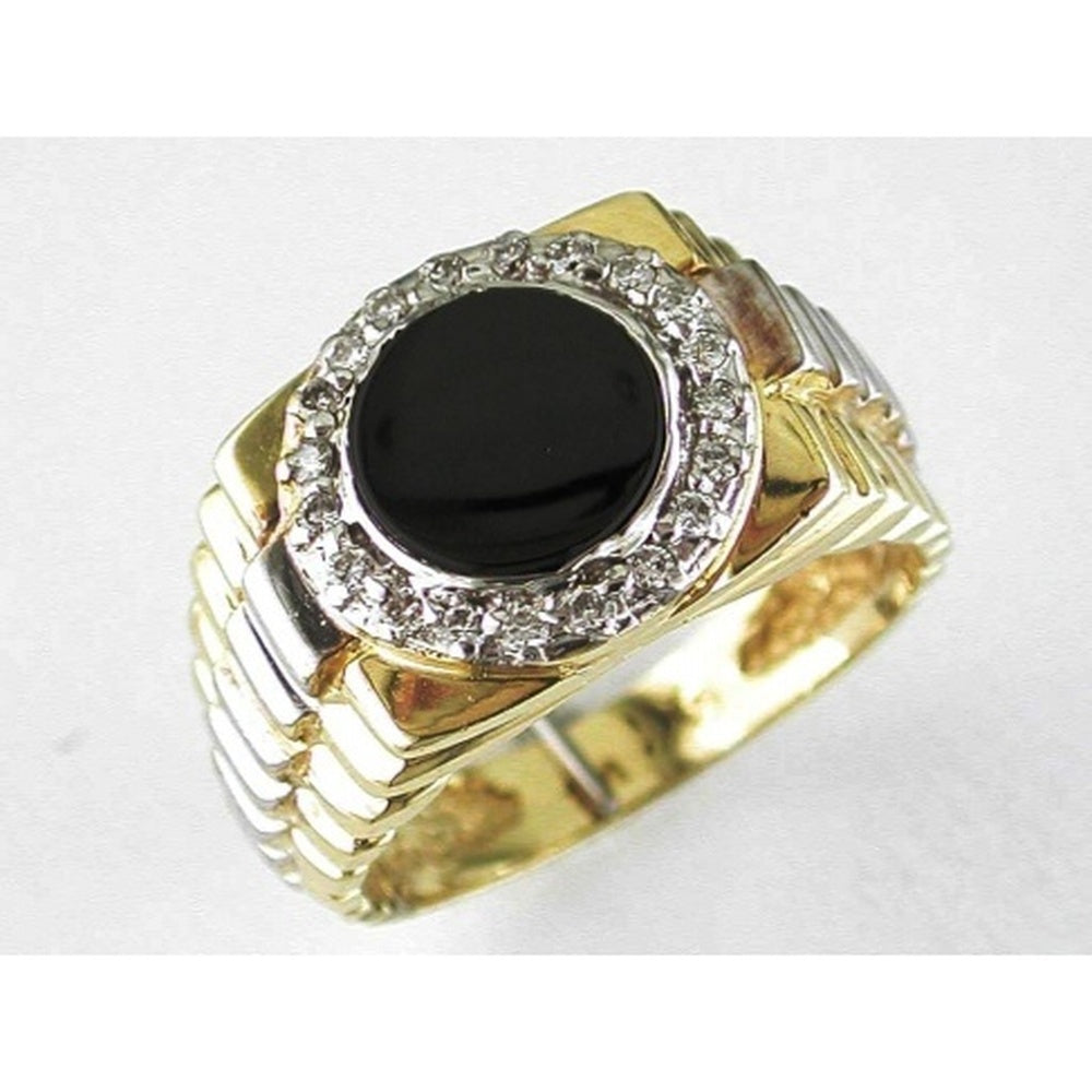 14K Yellow Gold Men's Ribbed Band Ring with Halo-Set Round Diamonds and Center Black Onyx - 0.22 Carat Total Diamond Weight - Royal Jewelry