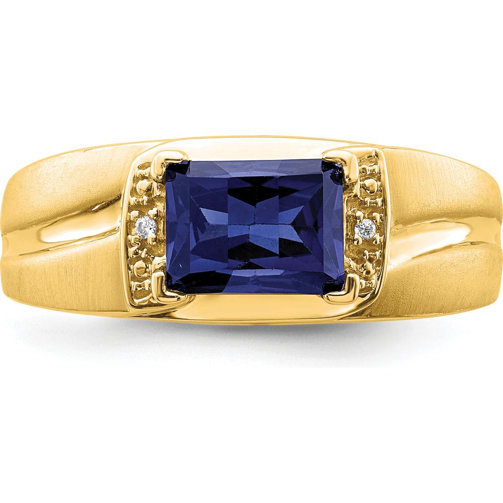 14K Yellow Gold Men's Ring with 1.9 Carat Lab-Created Emerald-Cut Sapphire and 2 Round Diamonds by 0