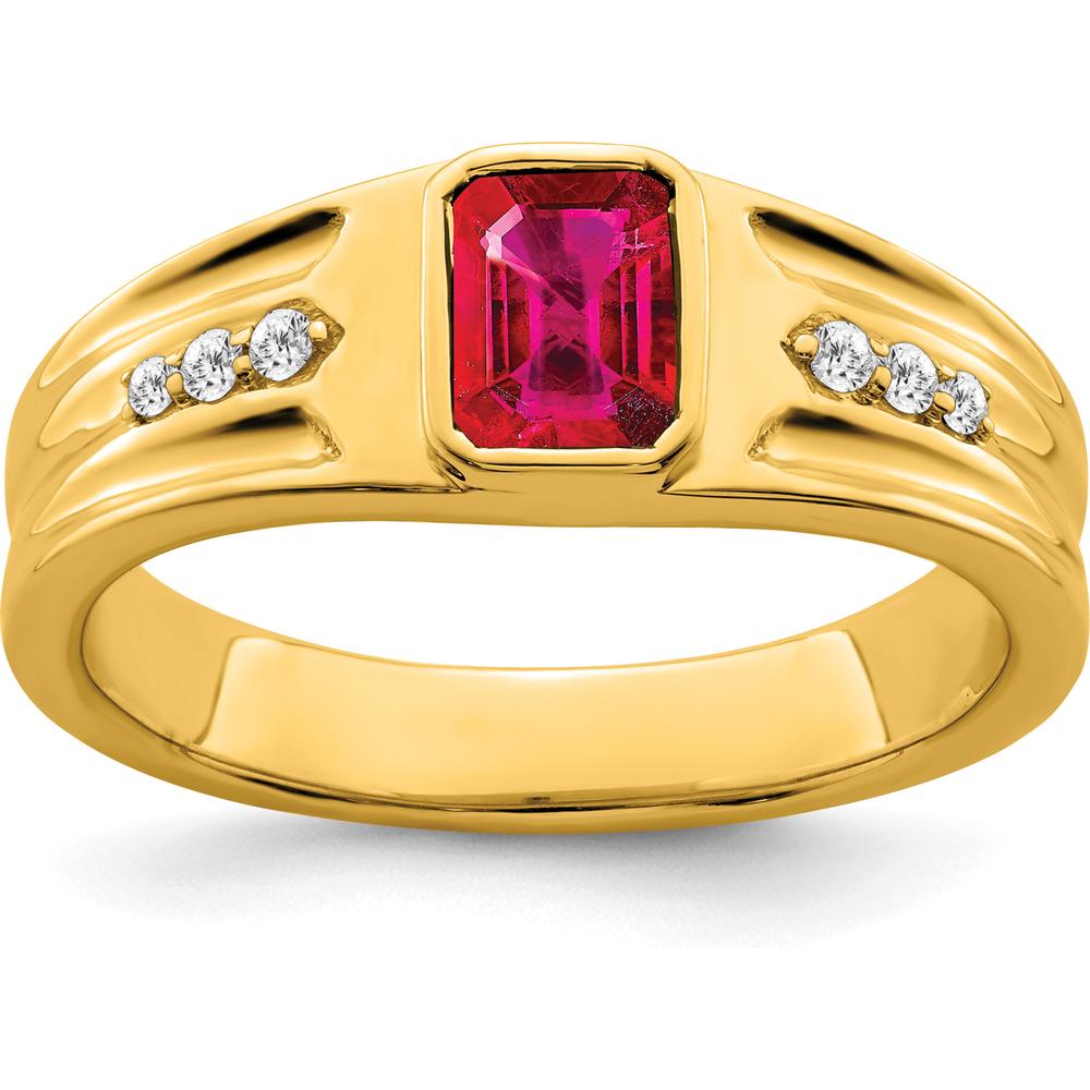 14K Yellow Gold Men's Ring with 1 Carat Heated Ruby and Round Diamonds - 0.04 Carat Total Diamond Weight by 0