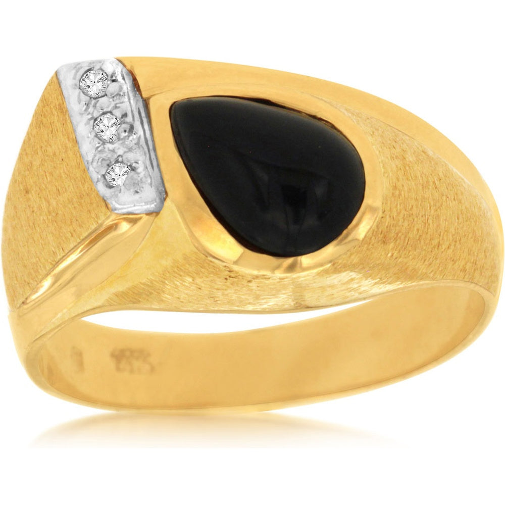 14K Yellow Gold Men's Ring with Bezel-Set Pear-Shape Onyx and Round Diamond Accents - 0.04 Carat Total Diamond Weight - Royal Jewelry
