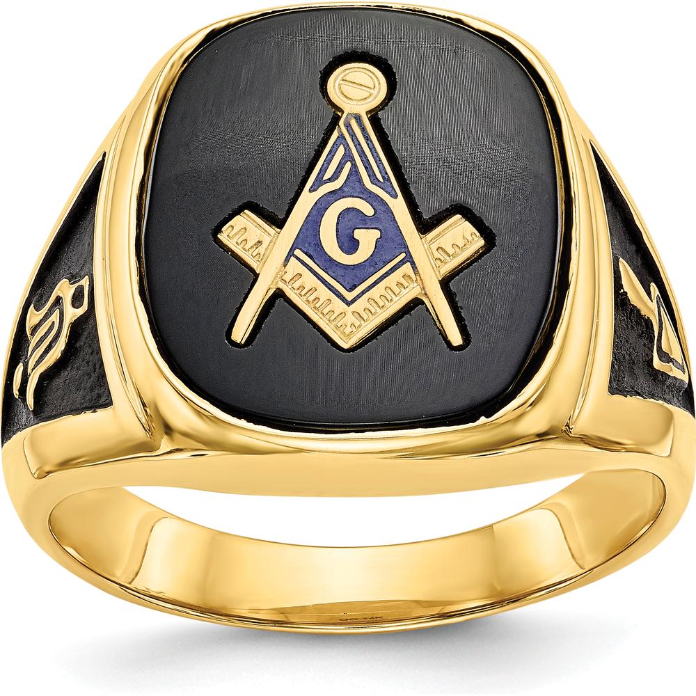 14K Yellow Gold Men's Ring with Black Onyx and Masonic Symbol - Cushion Cut Onyx 16x14mm by Monteluci Fine Jewelry