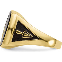 14K Yellow Gold Men's Ring with Black Onyx and Masonic Symbol - Cushion Cut Onyx 16x14mm by Monteluci Fine Jewelry