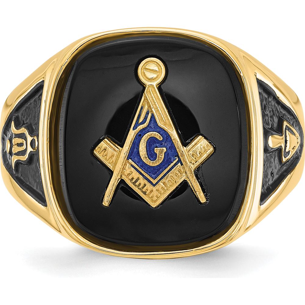 14K Yellow Gold Men's Ring with Black Onyx and Masonic Symbol - Cushion Cut Onyx 16x14mm by Monteluci Fine Jewelry