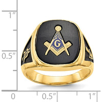14K Yellow Gold Men's Ring with Black Onyx and Masonic Symbol - Cushion Cut Onyx 16x14mm by Monteluci Fine Jewelry