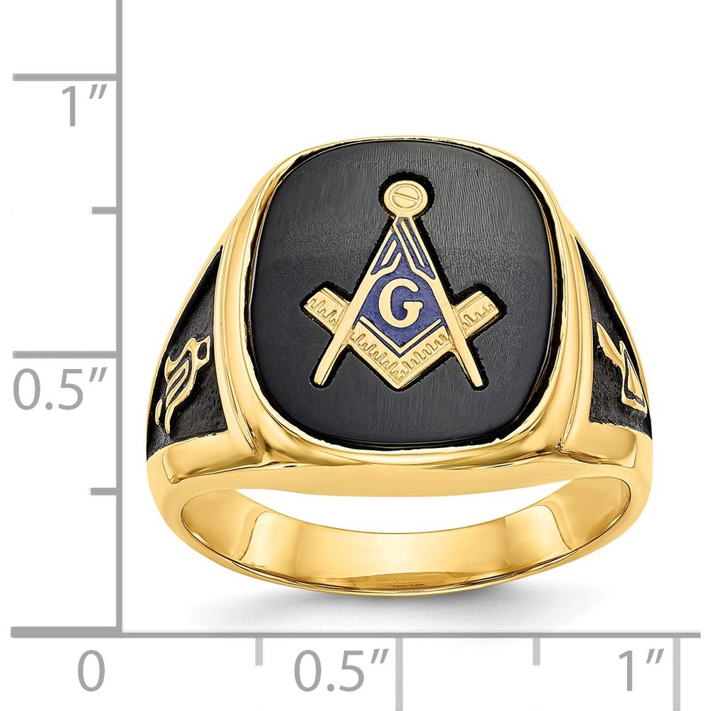 14K Yellow Gold Men's Ring with Black Onyx and Masonic Symbol - Cushion Cut Onyx 16x14mm by Monteluci Fine Jewelry