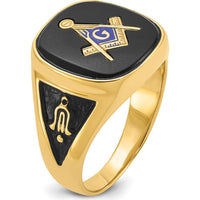 14K Yellow Gold Men's Ring with Black Onyx and Masonic Symbol - Cushion Cut Onyx 16x14mm by Monteluci Fine Jewelry