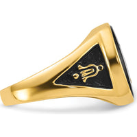 14K Yellow Gold Men's Ring with Black Onyx and Masonic Symbol - Cushion Cut Onyx 16x14mm by Monteluci Fine Jewelry