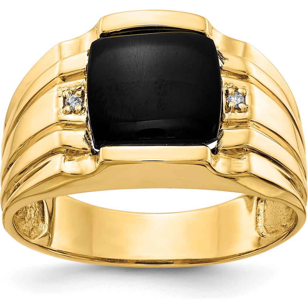 14K Yellow Gold Men's Ring with Cushion-Cut Black Onyx and Round Diamond Accents - 0.016 Carat Total Diamond Weight by Monteluci Fine Jewelry