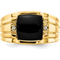 14K Yellow Gold Men's Ring with Cushion-Cut Black Onyx and Round Diamond Accents - 0.016 Carat Total Diamond Weight by Monteluci Fine Jewelry