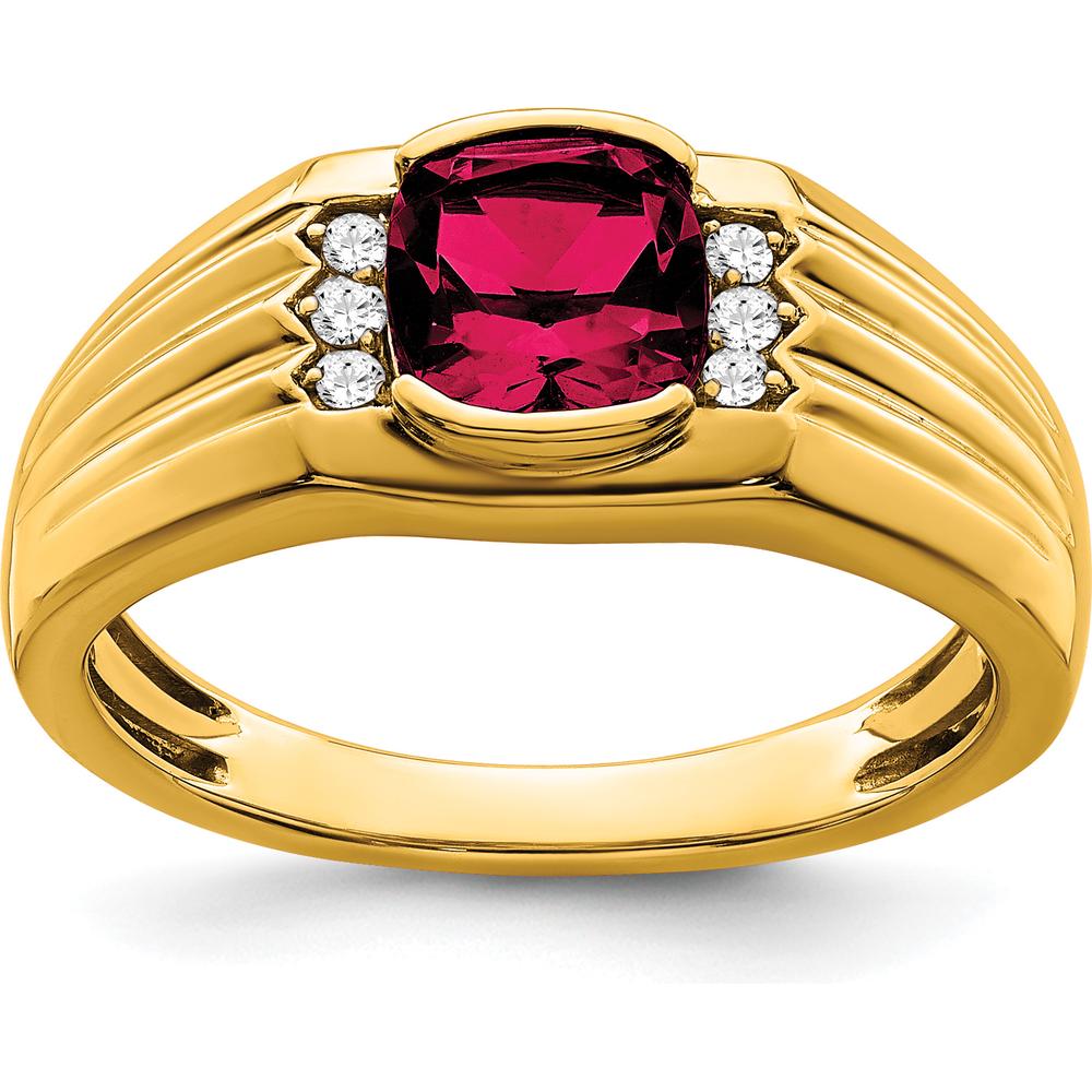 14K Yellow Gold Men's Ring with Cushion Cut Lab Created Ruby and Round Diamond Accents - 1.45 Carat Ruby, 0.07 Carat Diamond Total by 0