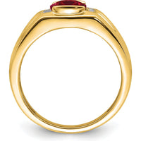 14K Yellow Gold Men's Ring with Cushion Cut Lab Created Ruby and Round Diamond Accents - 1.45 Carat Ruby, 0.07 Carat Diamond Total by 0