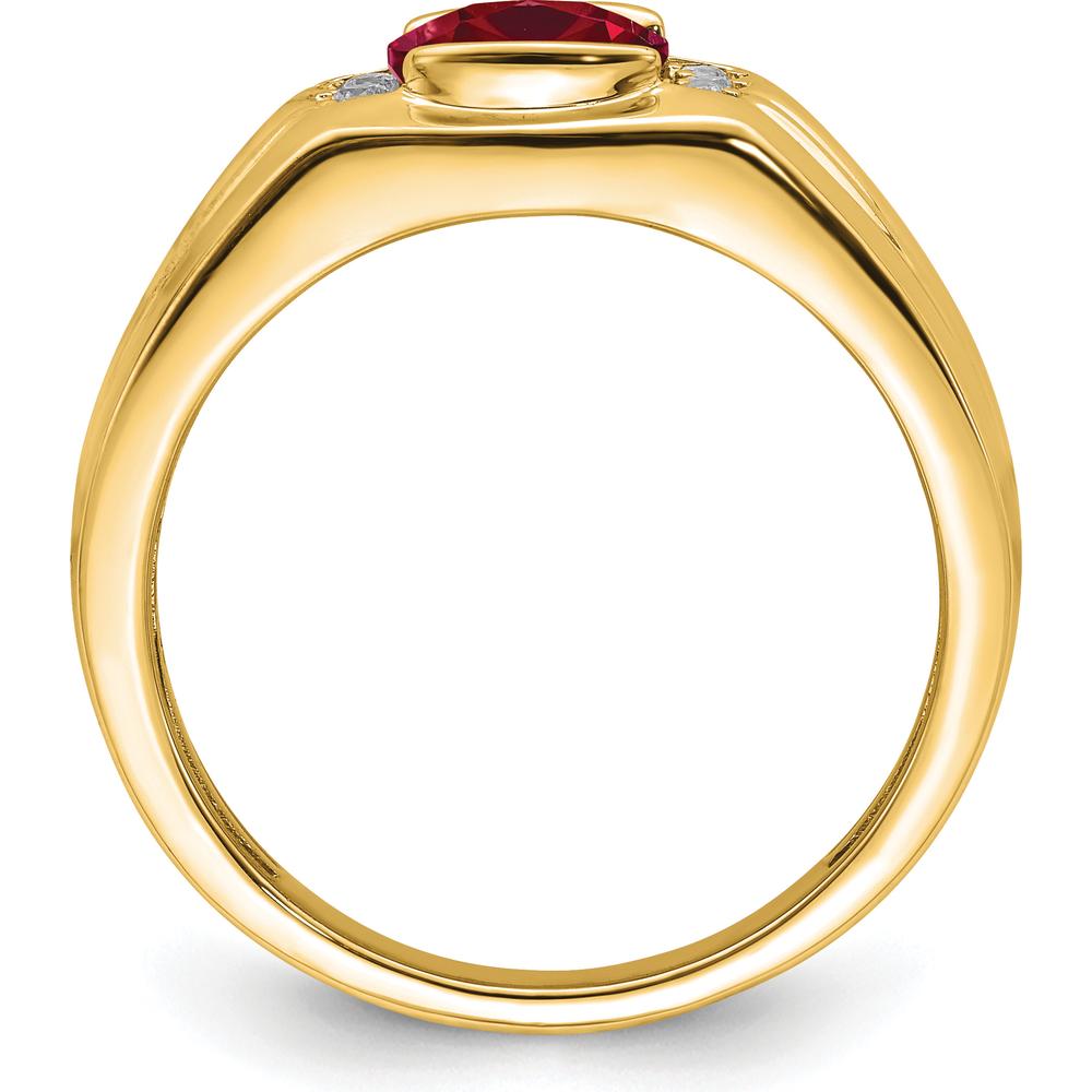 14K Yellow Gold Men's Ring with Cushion Cut Lab Created Ruby and Round Diamond Accents - 1.45 Carat Ruby, 0.07 Carat Diamond Total by 0