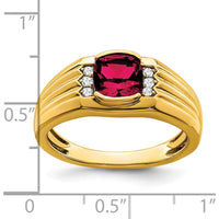 14K Yellow Gold Men's Ring with Cushion Cut Lab Created Ruby and Round Diamond Accents - 1.45 Carat Ruby, 0.07 Carat Diamond Total by 0