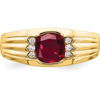 14K Yellow Gold Men's Ring with Cushion Cut Lab Created Ruby and Round Diamond Accents - 1.45 Carat Ruby, 0.07 Carat Diamond Total by 0