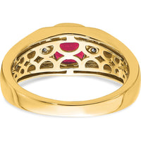 14K Yellow Gold Men's Ring with Cushion Cut Lab Created Ruby and Round Diamond Accents - 1.45 Carat Ruby, 0.07 Carat Diamond Total by 0