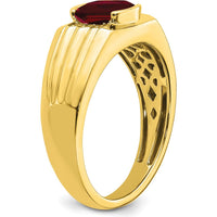 14K Yellow Gold Men's Ring with Cushion Cut Lab Created Ruby and Round Diamond Accents - 1.45 Carat Ruby, 0.07 Carat Diamond Total by 0