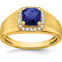 14K Yellow Gold Men's Ring with Cushion Cut Lab Created Sapphire and Diamond Halo - 2.24 Carat Total Sapphire Weight by 0