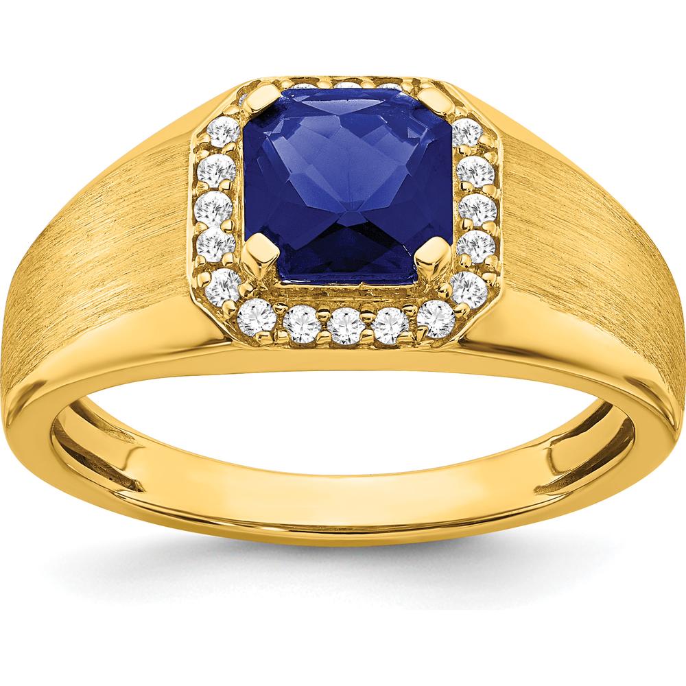 14K Yellow Gold Men's Ring with Cushion Cut Lab Created Sapphire and Diamond Halo - 2.24 Carat Total Sapphire Weight by 0