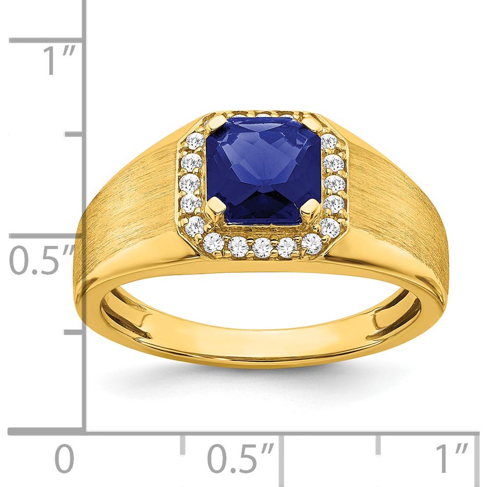 14K Yellow Gold Men's Ring with Cushion Cut Lab Created Sapphire and Diamond Halo - 2.24 Carat Total Sapphire Weight by 0
