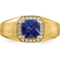 14K Yellow Gold Men's Ring with Cushion Cut Lab Created Sapphire and Diamond Halo - 2.24 Carat Total Sapphire Weight by 0