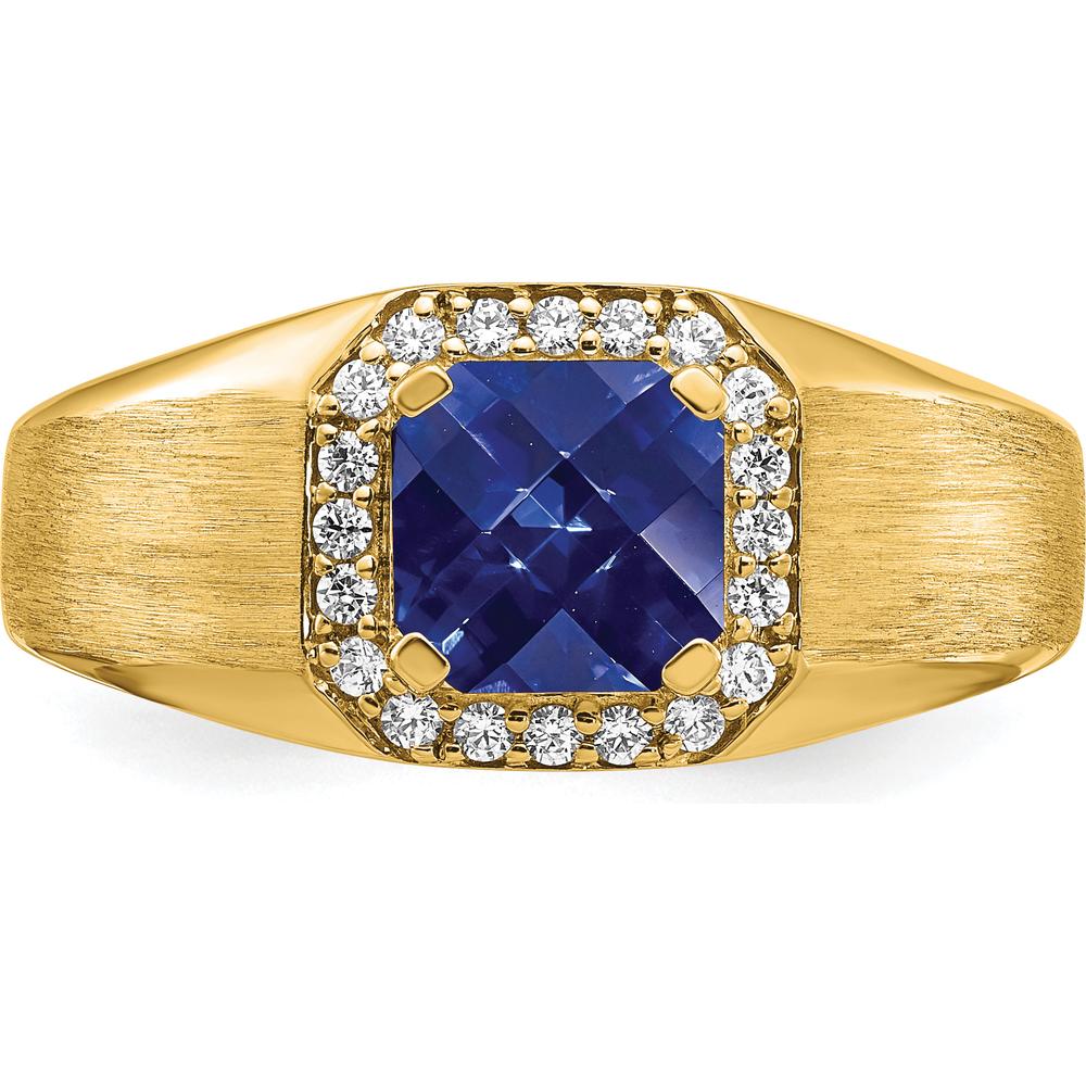 14K Yellow Gold Men's Ring with Cushion Cut Lab Created Sapphire and Diamond Halo - 2.24 Carat Total Sapphire Weight by 0