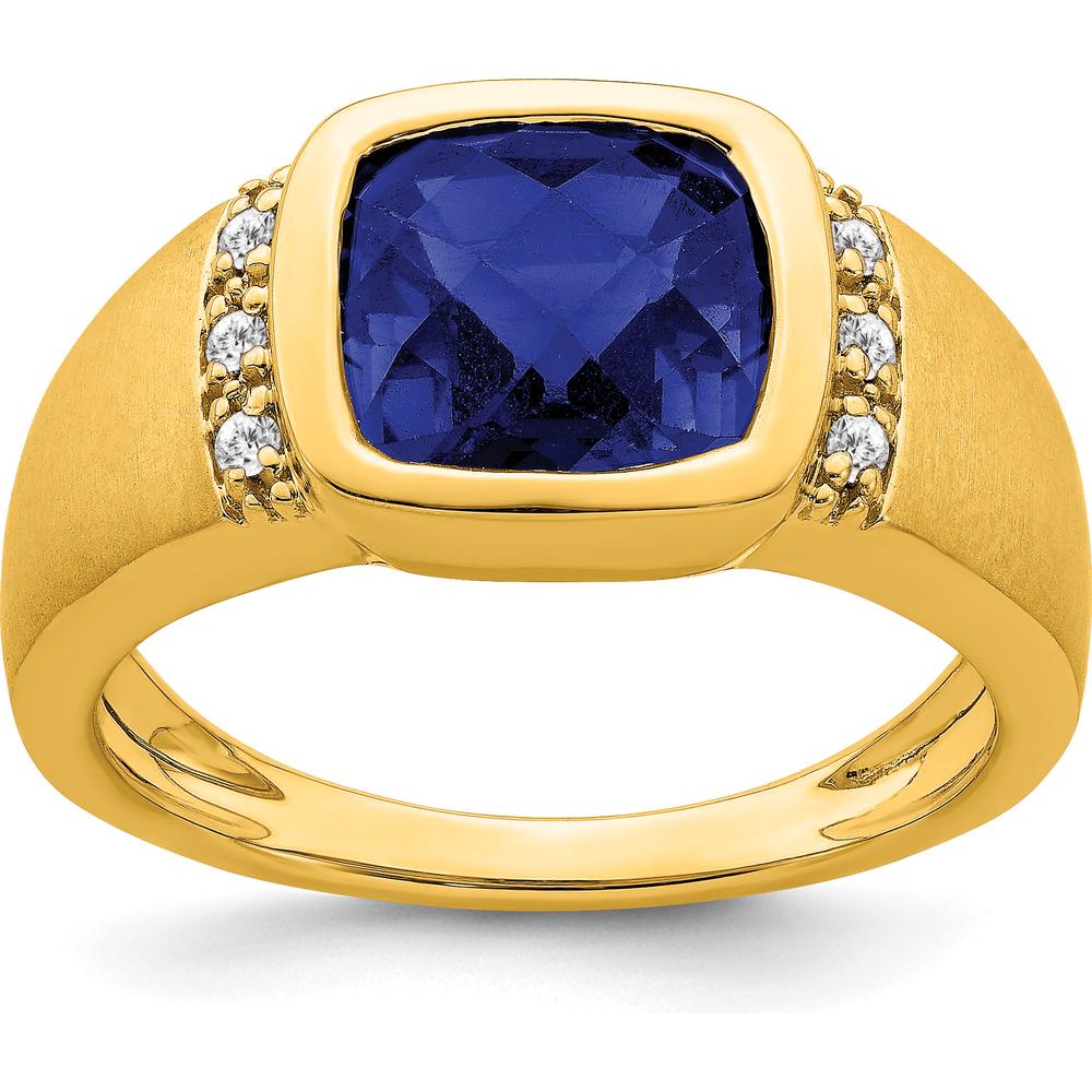 14K Yellow Gold Men's Ring with Cushion Cut Lab Created Sapphire and Round Diamonds - 4.5 Carat Sapphire, 0.015 Carat Diamond by 0