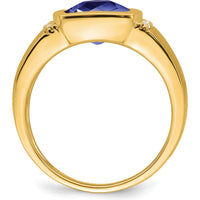14K Yellow Gold Men's Ring with Cushion Cut Lab Created Sapphire and Round Diamonds - 4.5 Carat Sapphire, 0.015 Carat Diamond by 0
