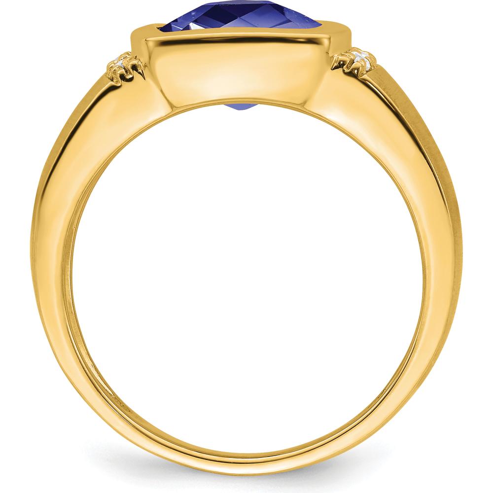 14K Yellow Gold Men's Ring with Cushion Cut Lab Created Sapphire and Round Diamonds - 4.5 Carat Sapphire, 0.015 Carat Diamond by 0