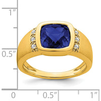 14K Yellow Gold Men's Ring with Cushion Cut Lab Created Sapphire and Round Diamonds - 4.5 Carat Sapphire, 0.015 Carat Diamond by 0