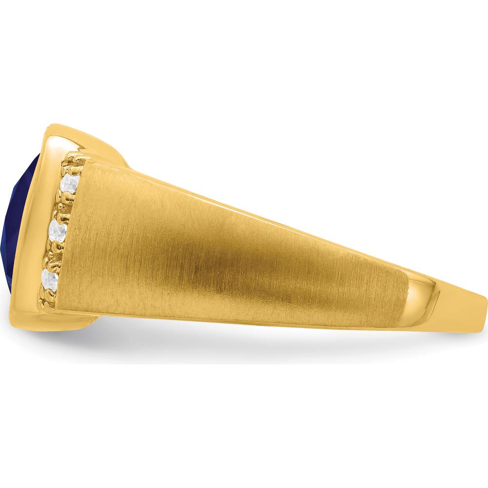 14K Yellow Gold Men's Ring with Cushion Cut Lab Created Sapphire and Round Diamonds - 4.5 Carat Sapphire, 0.015 Carat Diamond by 0